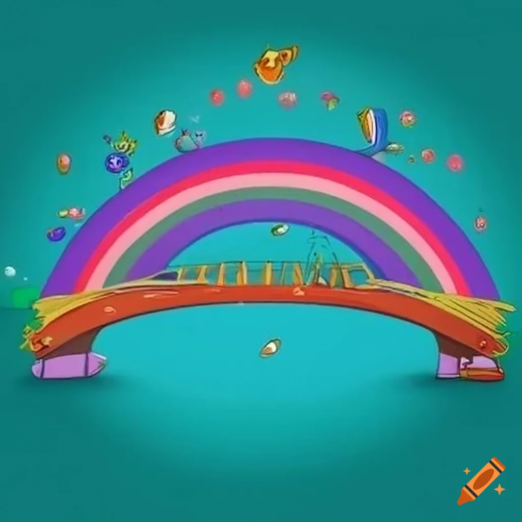 Illustrated pages for a kids' book about the rainbow bridge