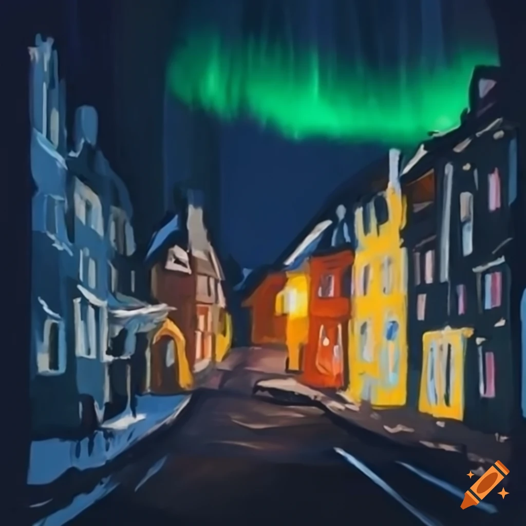 painting of a street at night with menorahs and northern lights