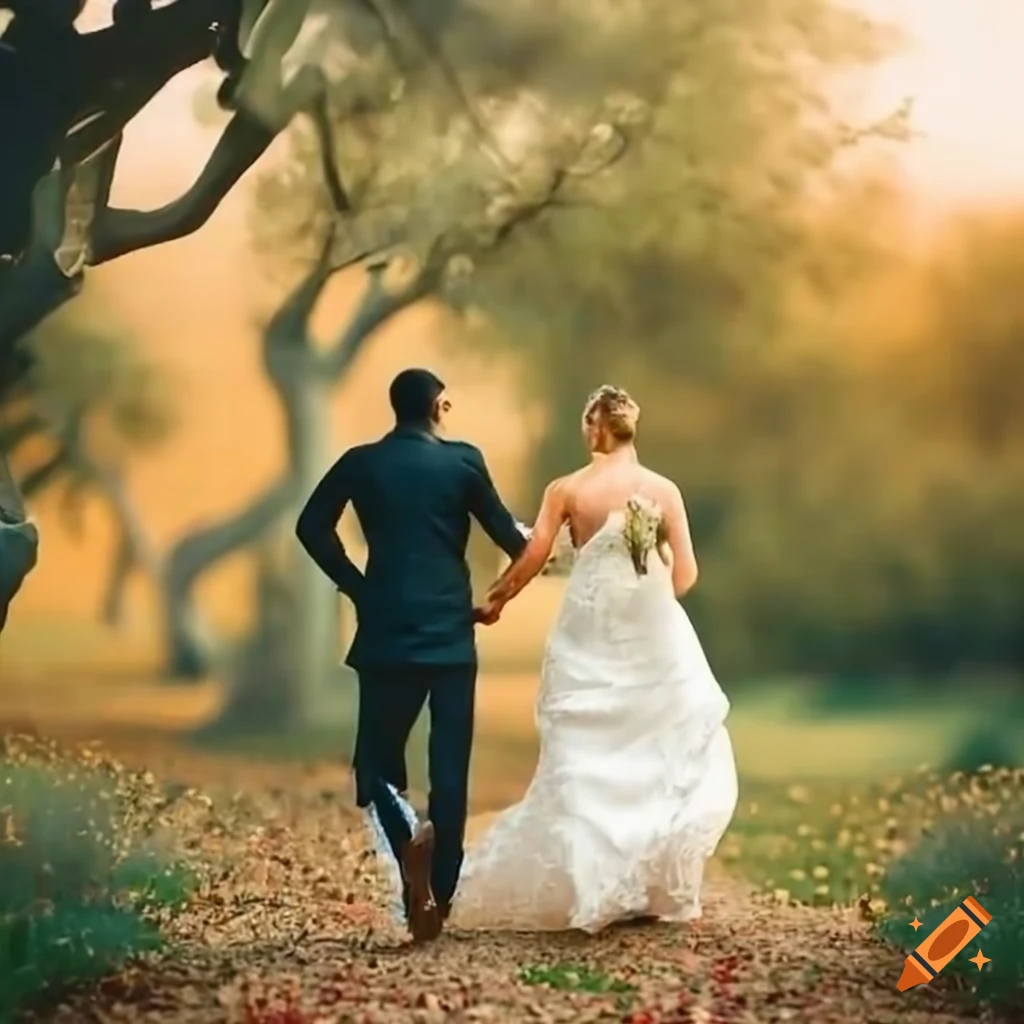 wedding couple running towards a sanctuary surrounded by trees