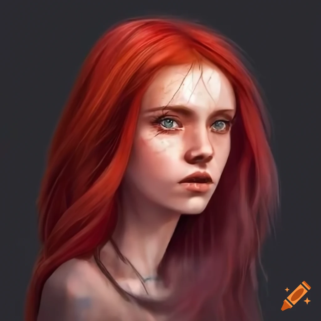 portrait of a young woman with crimson hair and emerald eyes