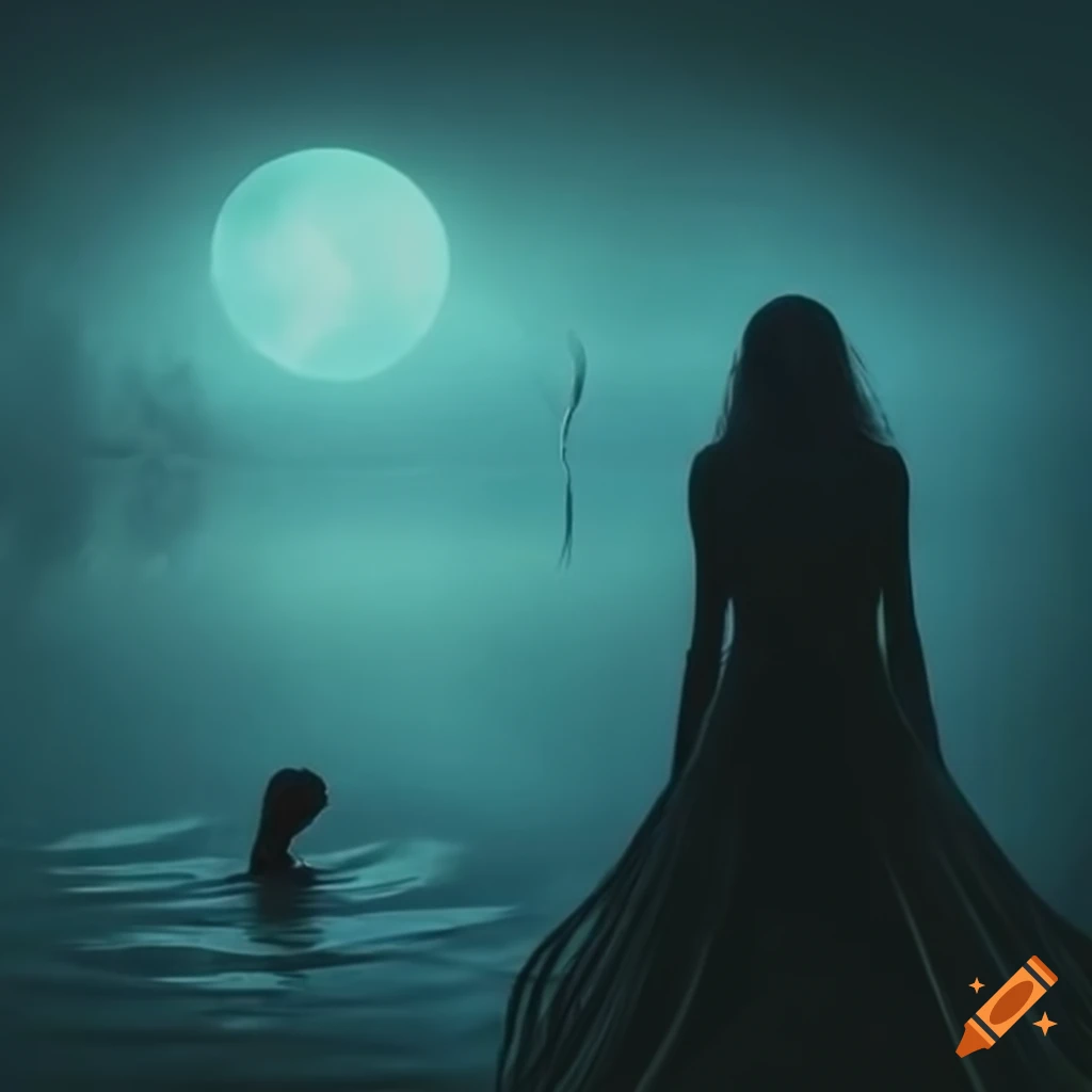 woman emerging from a dark lake