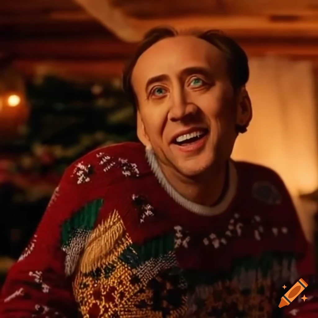 Nicolas cage in a christmas sweater snuggling in a chalet