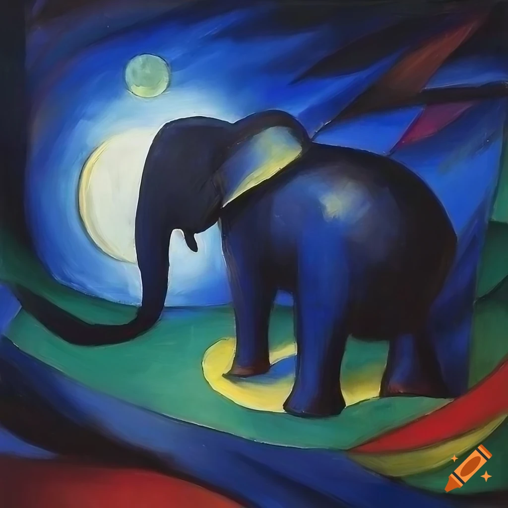 bold oil painting of an elephant under a blue moon