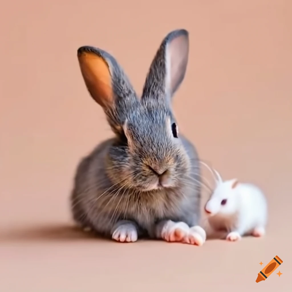 cute friendship between a grey bunny and a white mouse