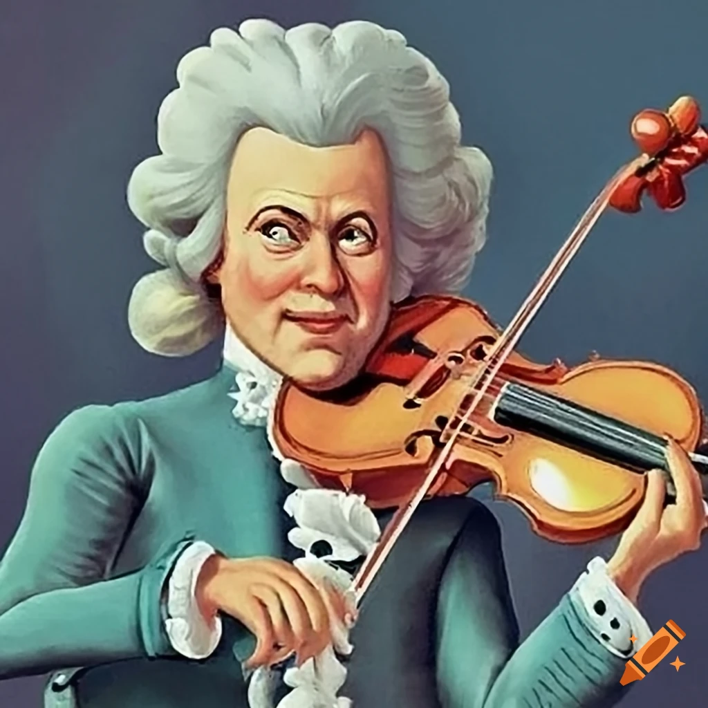 colorful book illustration of Tom Hulce as Mozart playing violin