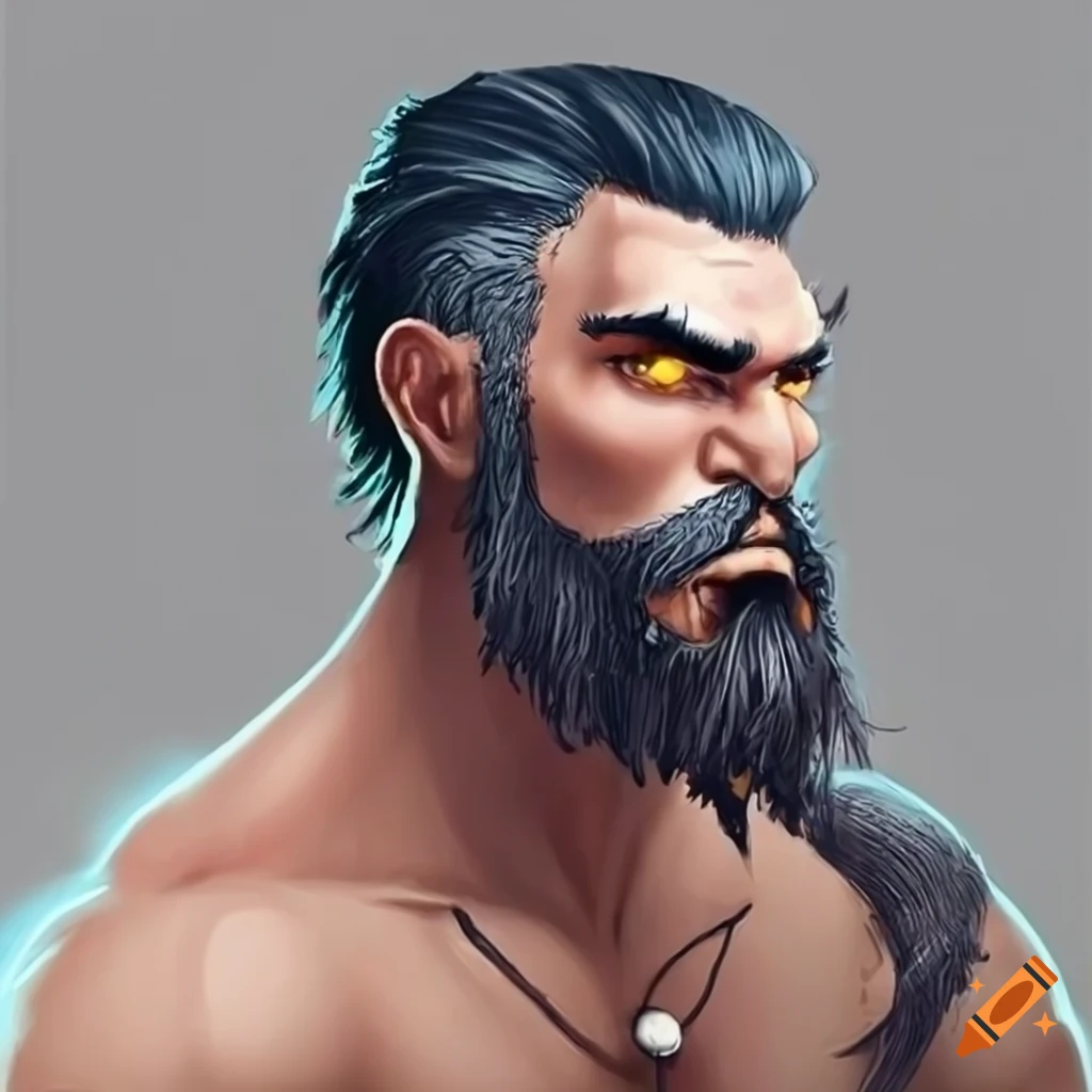 portrait of a menacing barbarian with black hair and beard