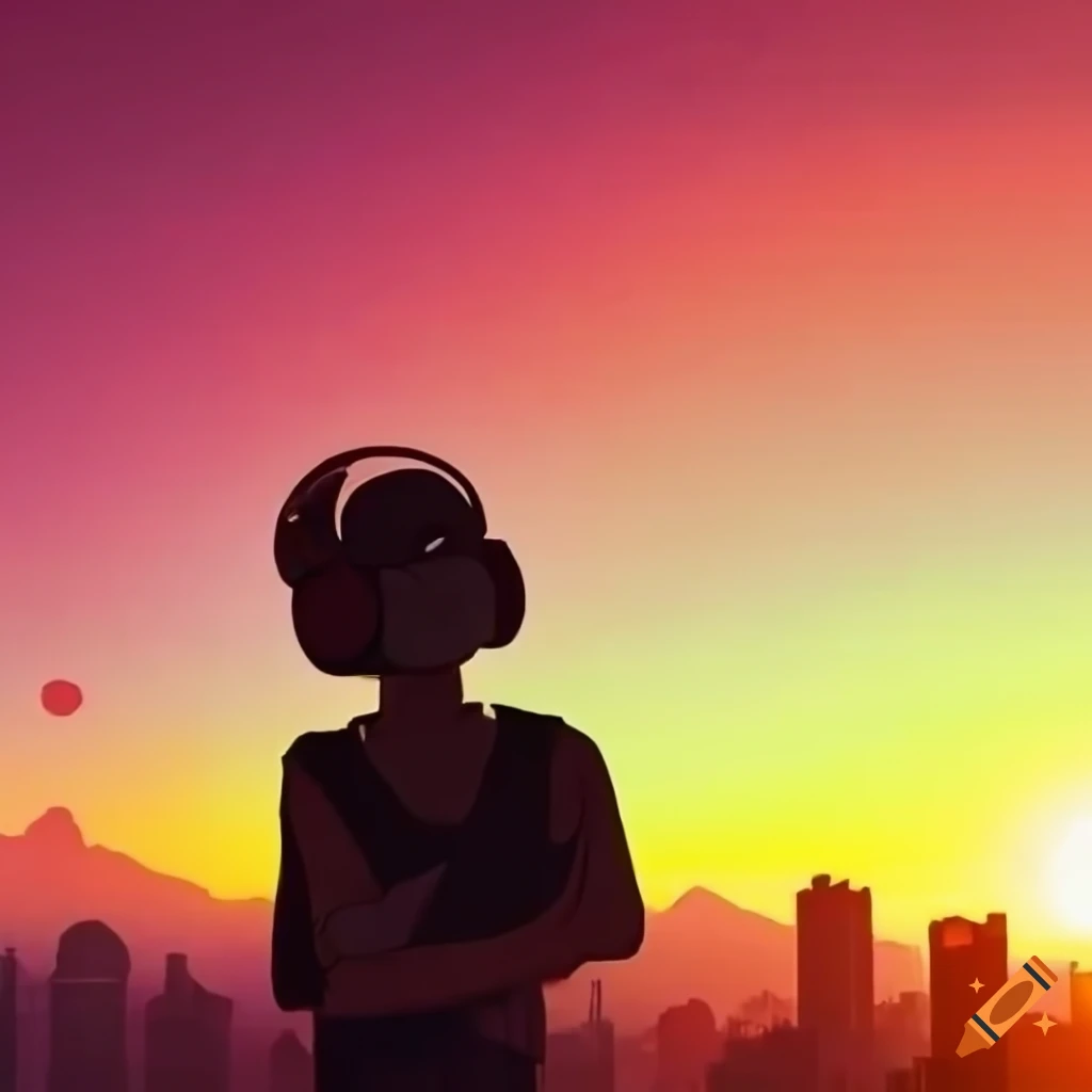 sunset view of Santiago city with headphones