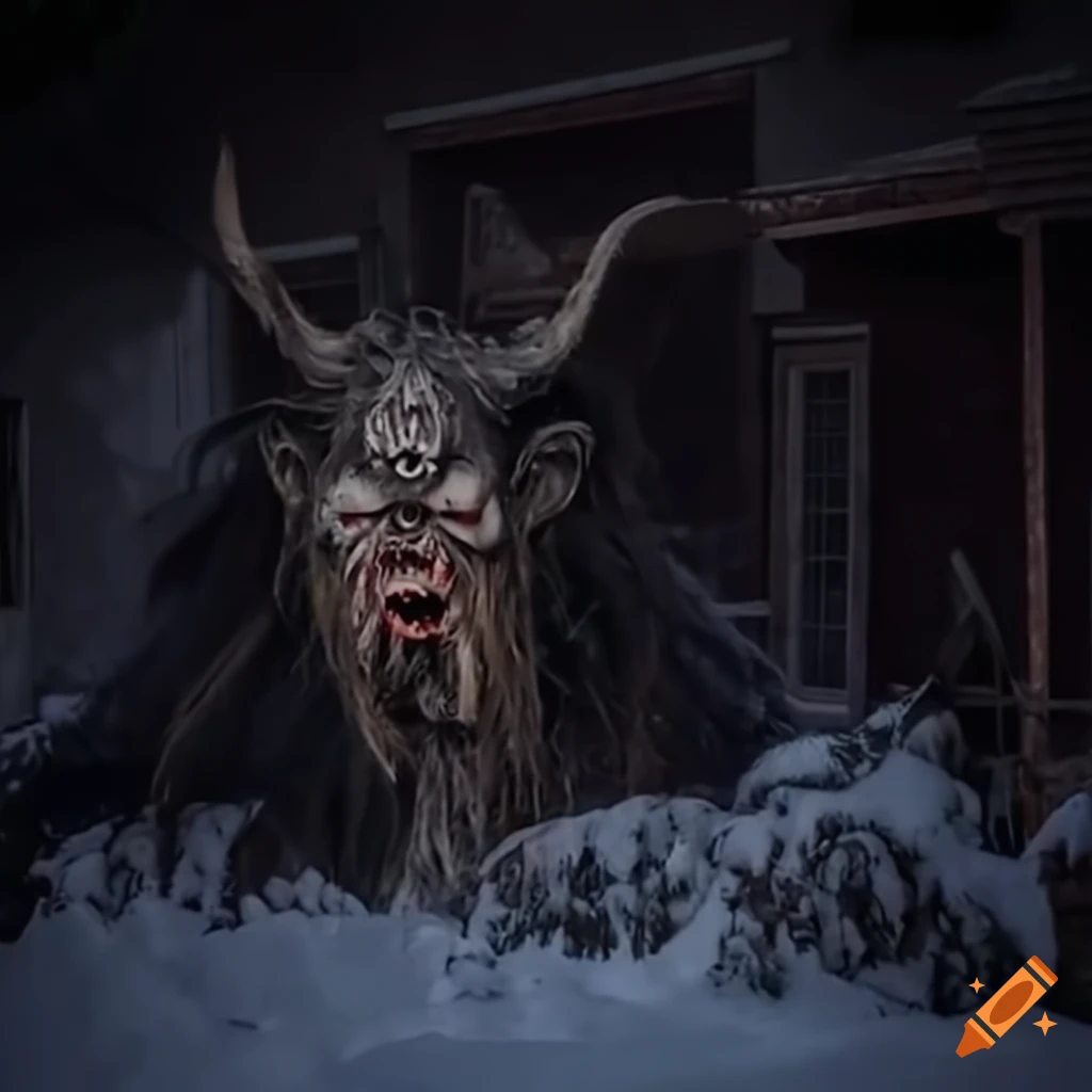 Krampus in a snowy neighborhood during a blizzard