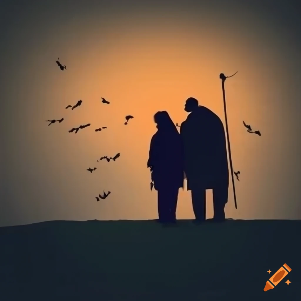 silhouette of elderly couple turning into birds