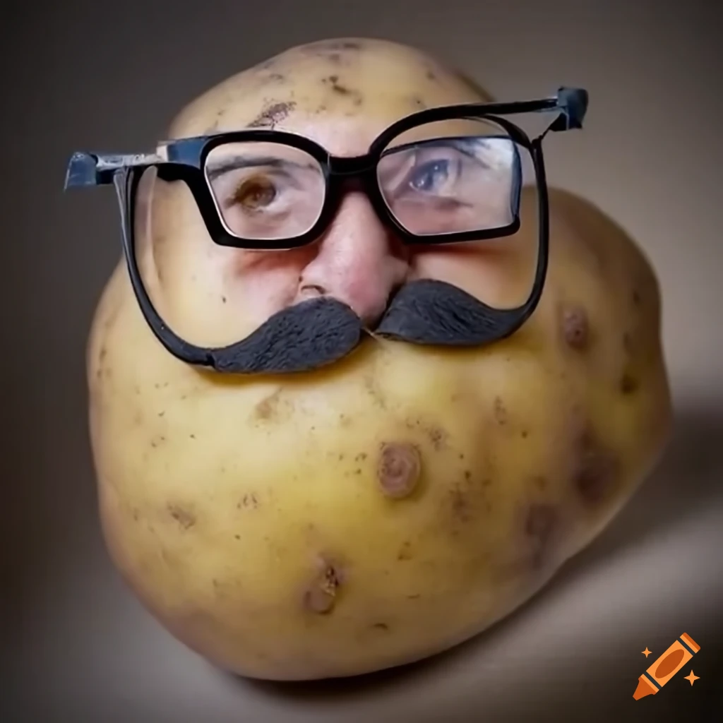 cartoon illustration of a potato with glasses and a mustache