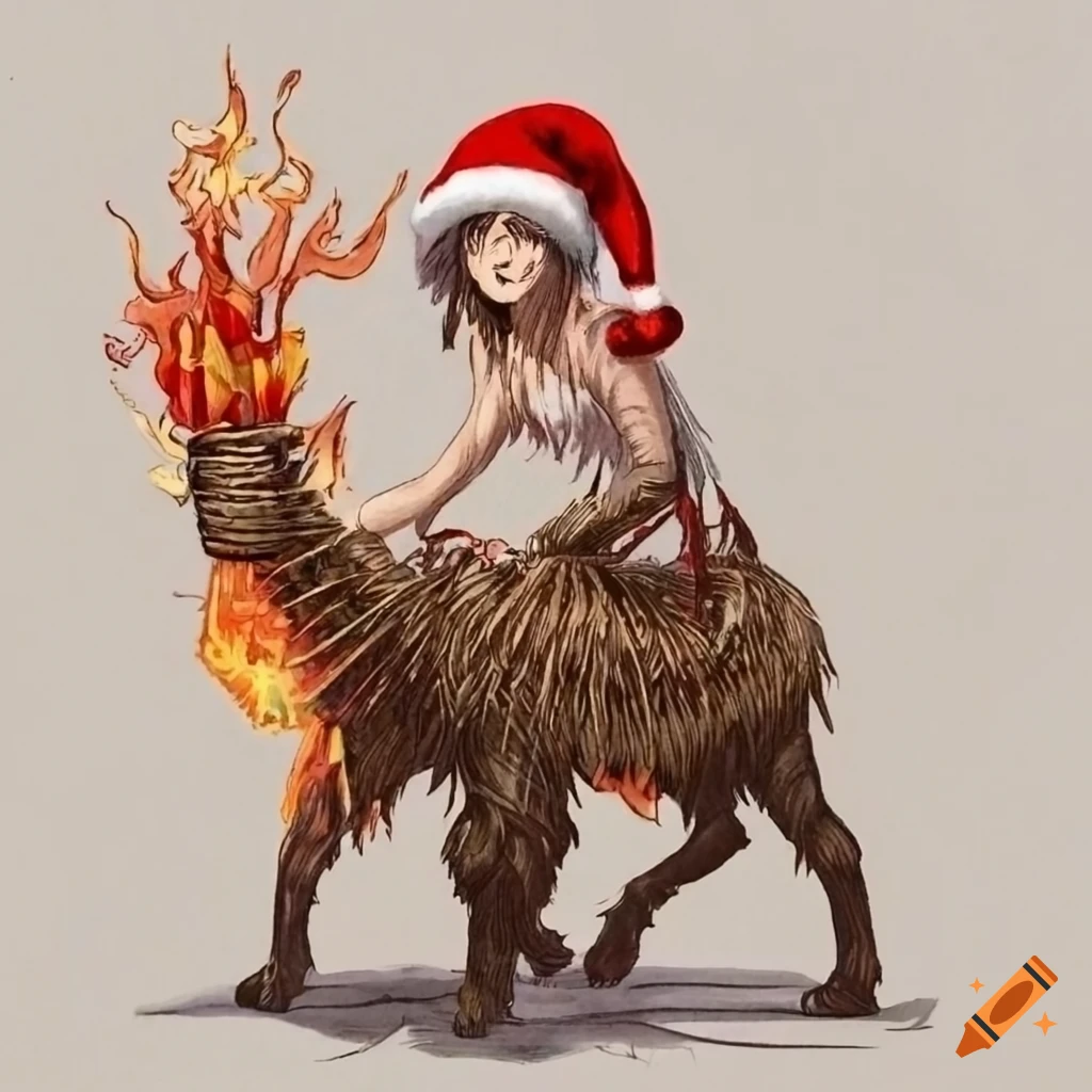 detailed etching of a goat on fire with red ribbons