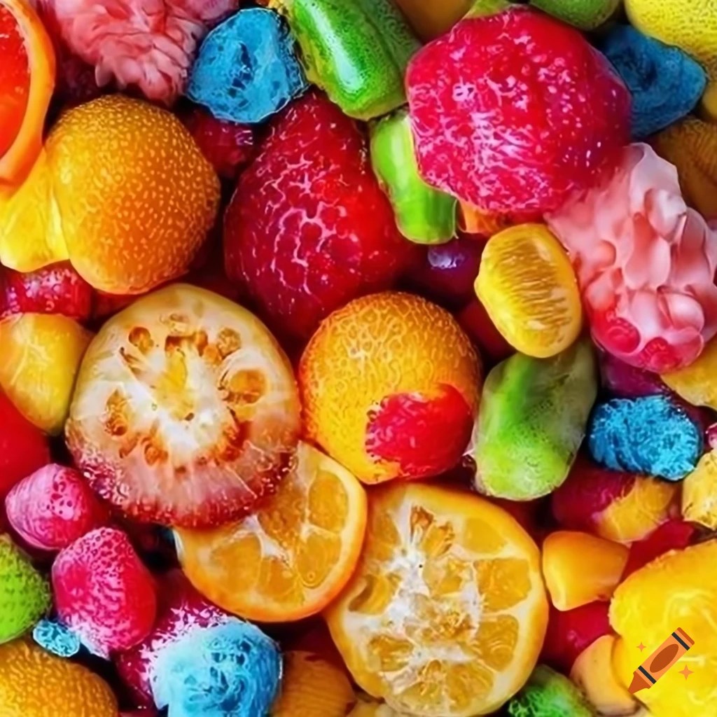 Vibrant wallpaper of tropical fruits and fruit jams
