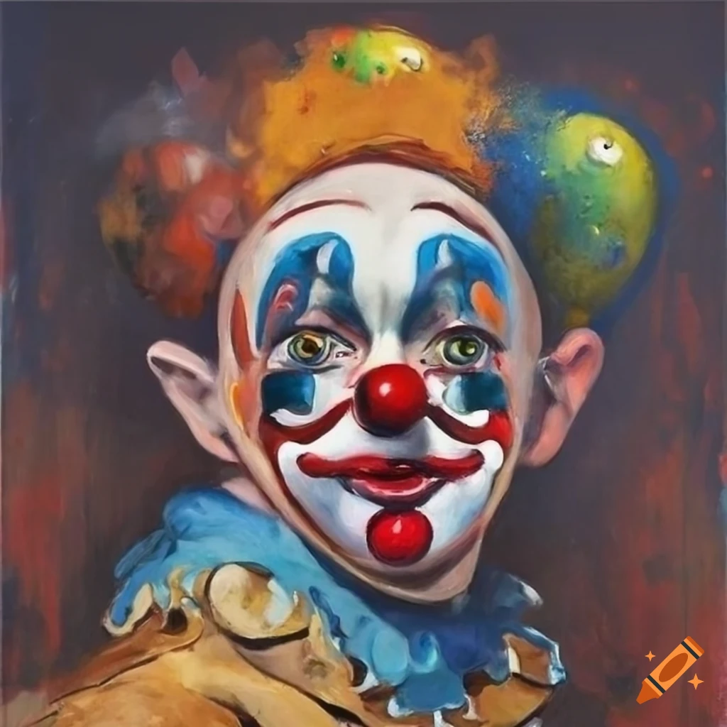 Surrealist painting of decadent clowns with various objects on Craiyon