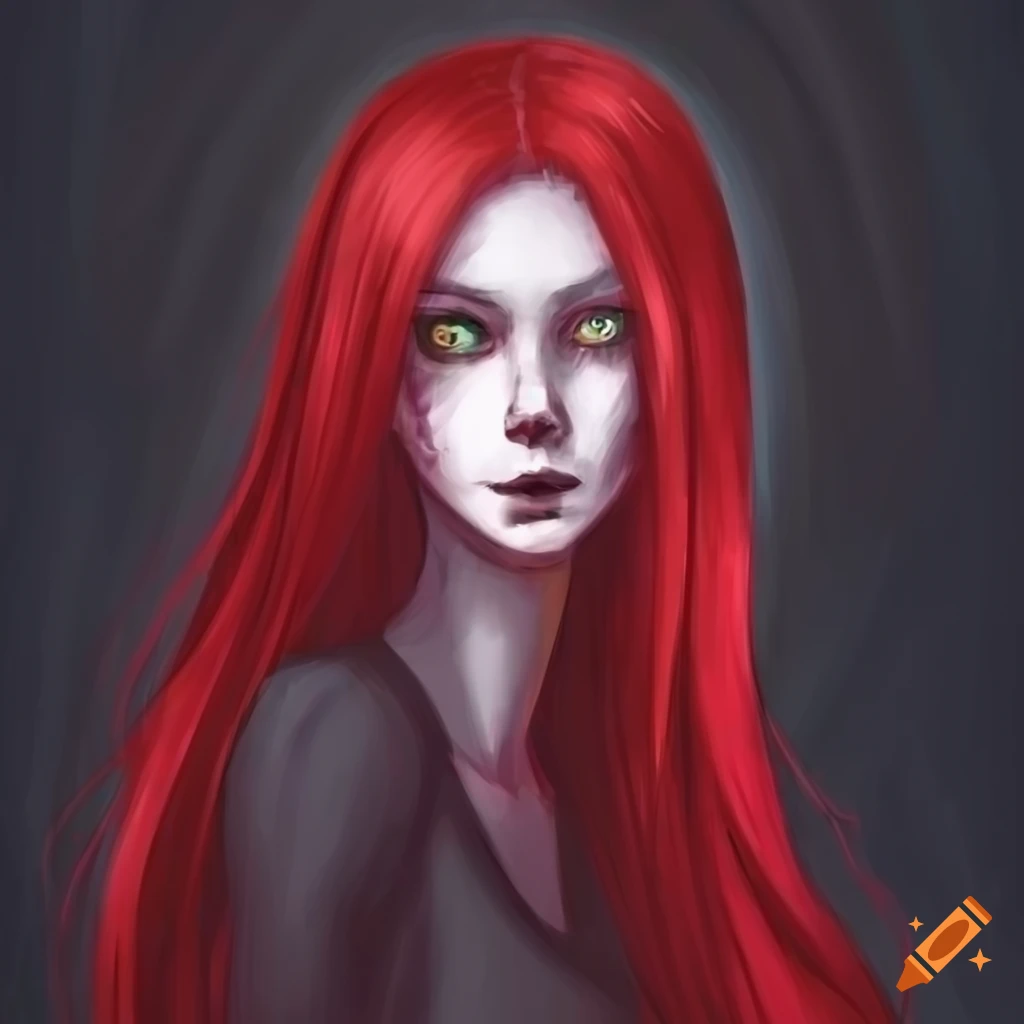 portrait of a pale woman with red hair and green eyes