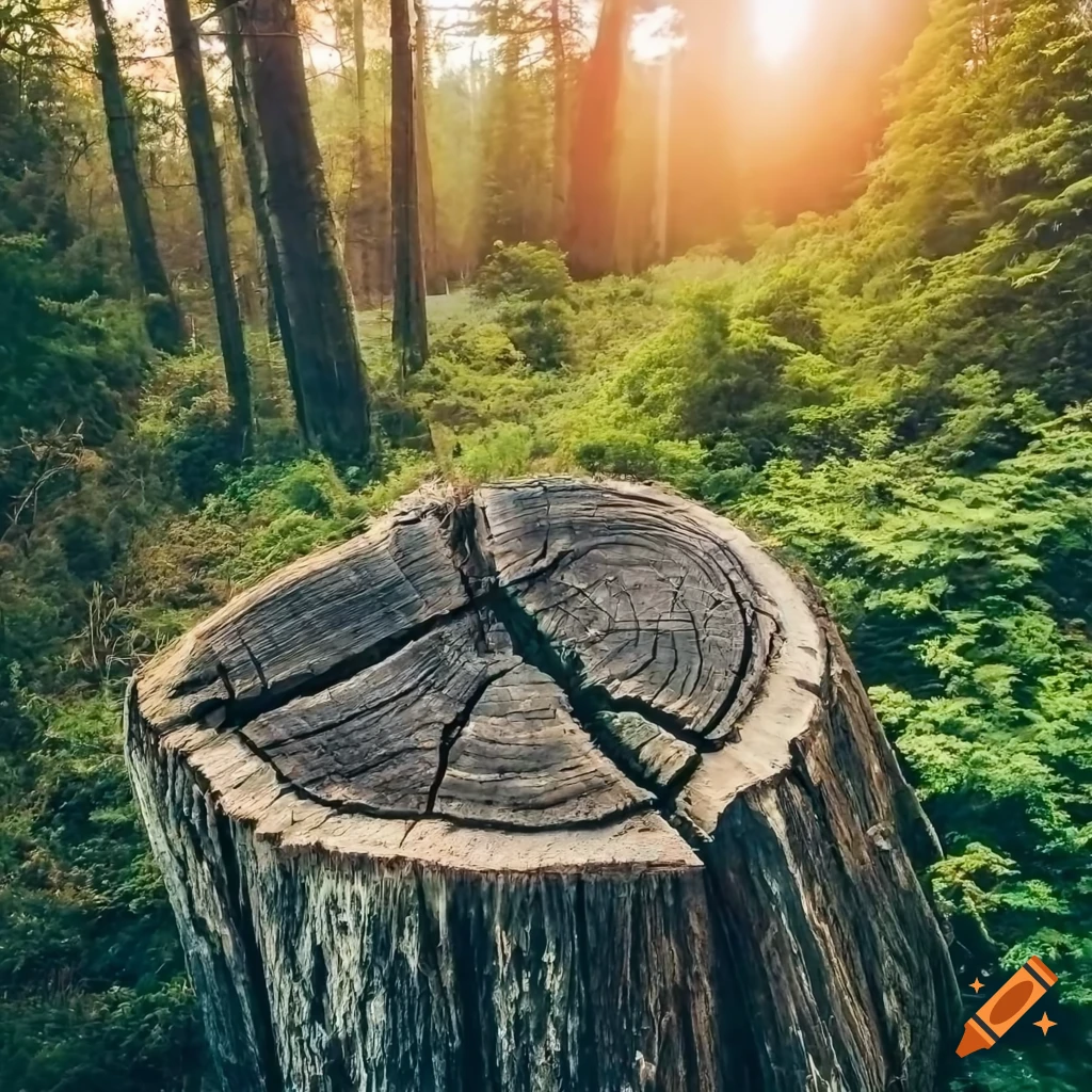 Dawn scene in a lush forest with a weathered tree stump on Craiyon