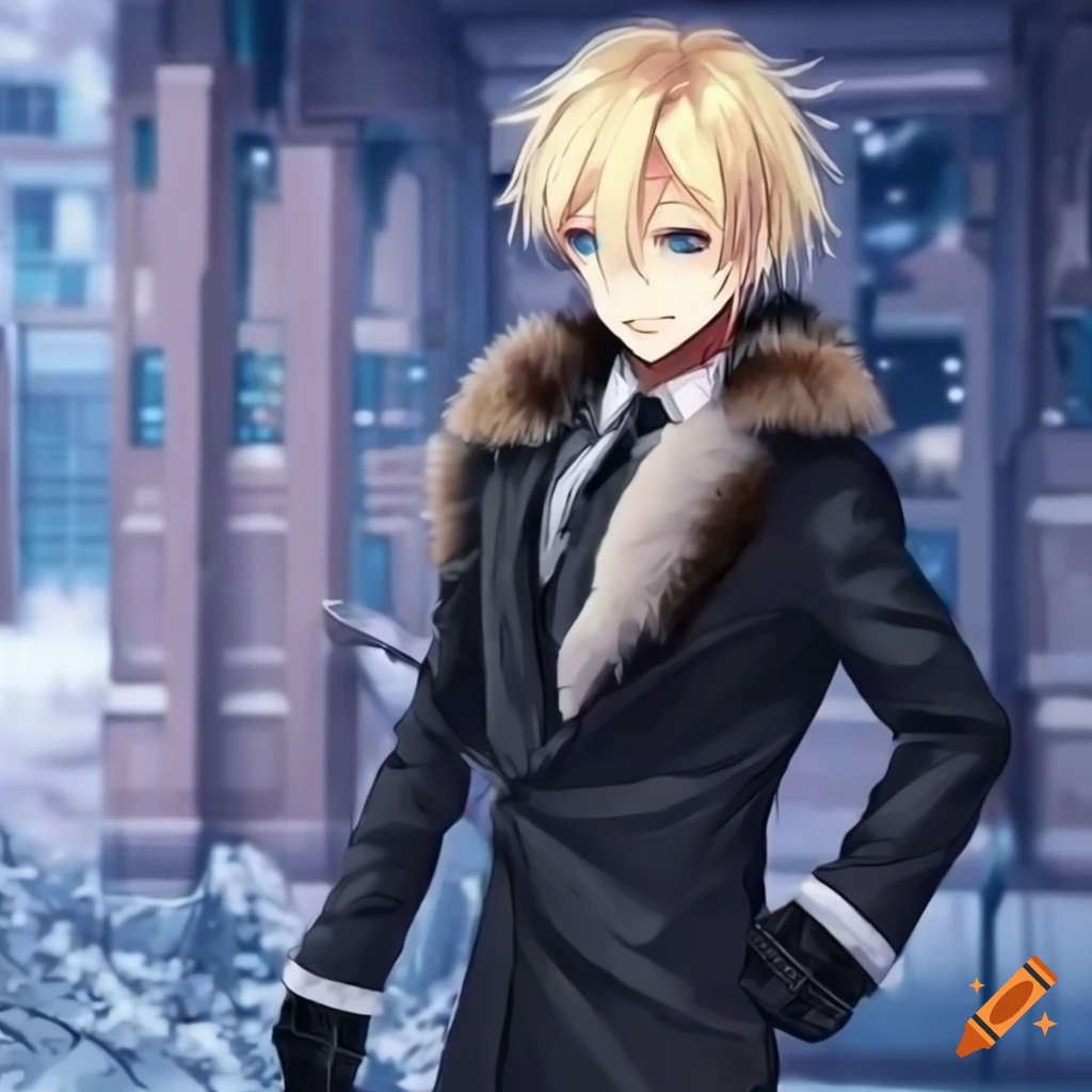 anime male character in a stylish winter outfit