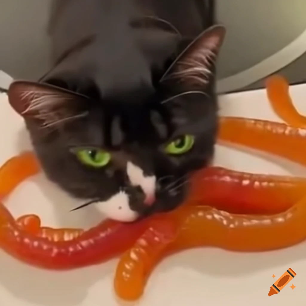 Humorous artwork of a cat made of gummy worms on Craiyon