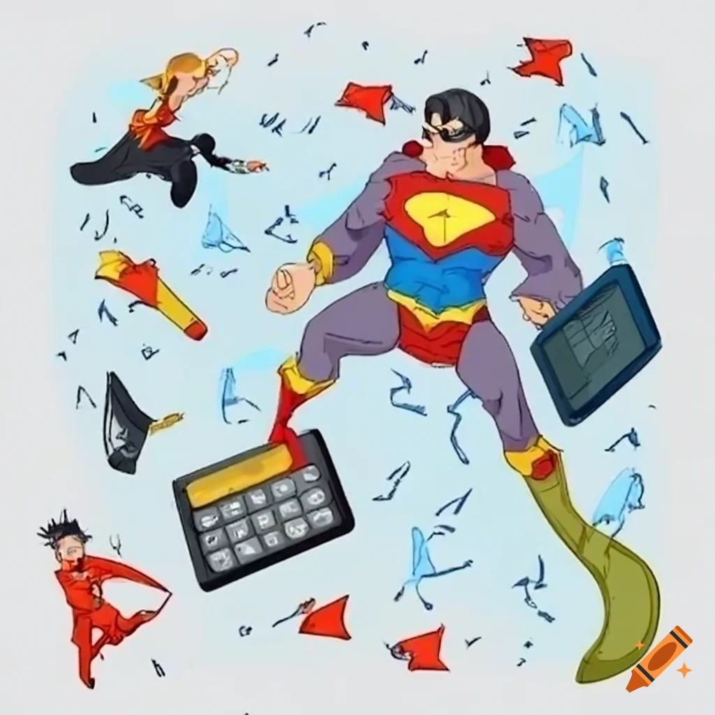Nerdy superhero solving equations with a flying calculator on craiyon