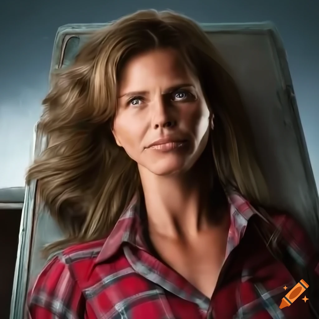 photorealistic image of an actress with messy hair and plaid shirt