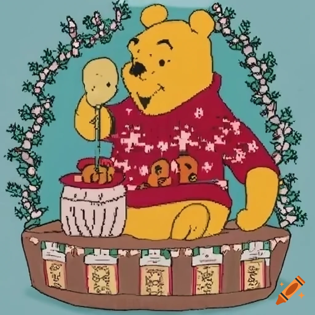 Winnie the Pooh wearing a Christmas sweater with honey