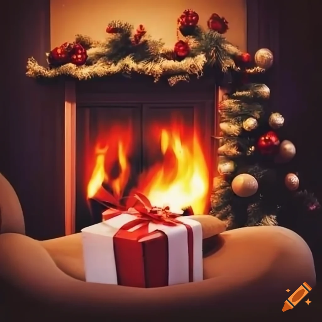 Christmas gift next to a fireplace in a cozy room