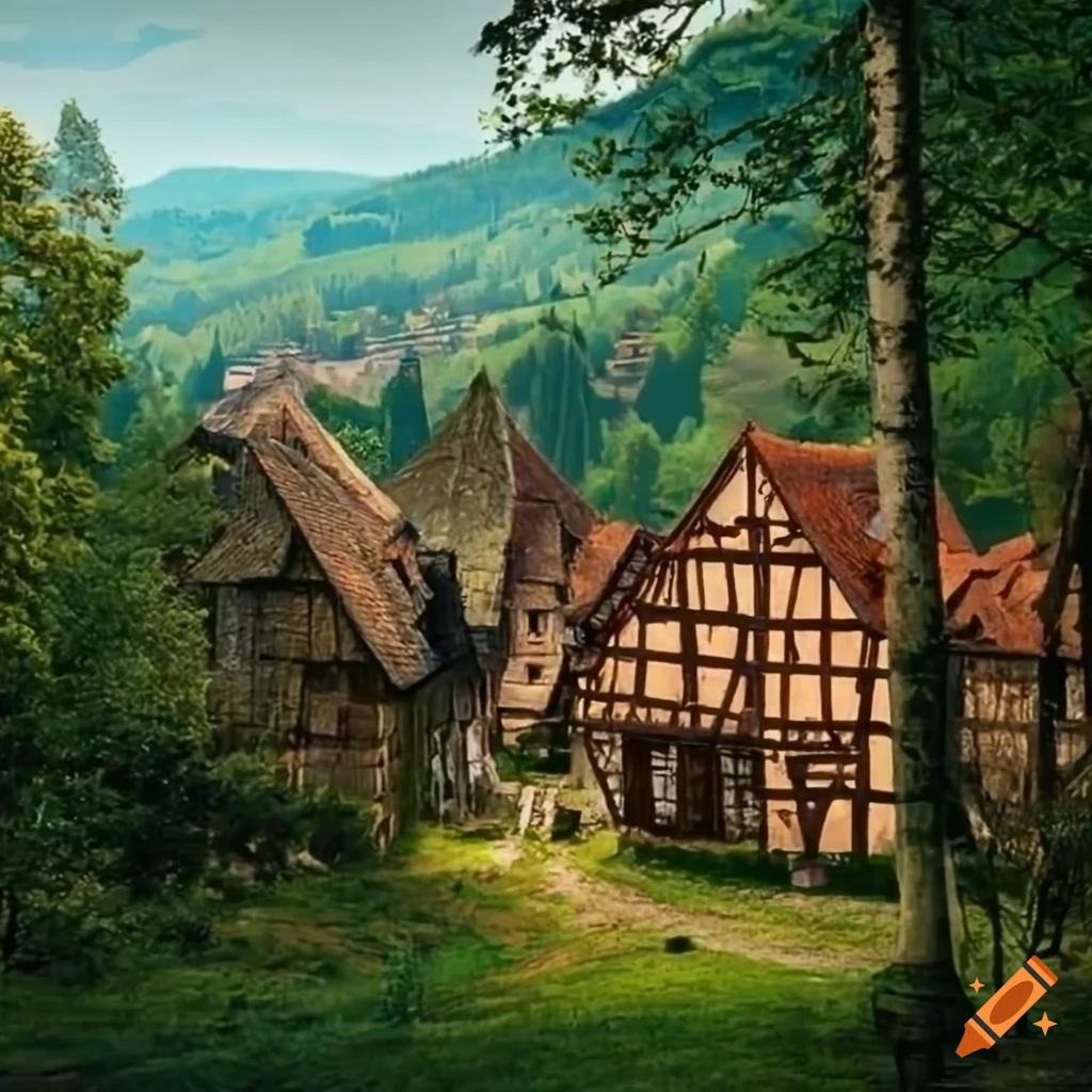 Medieval village nestled in a forest on Craiyon