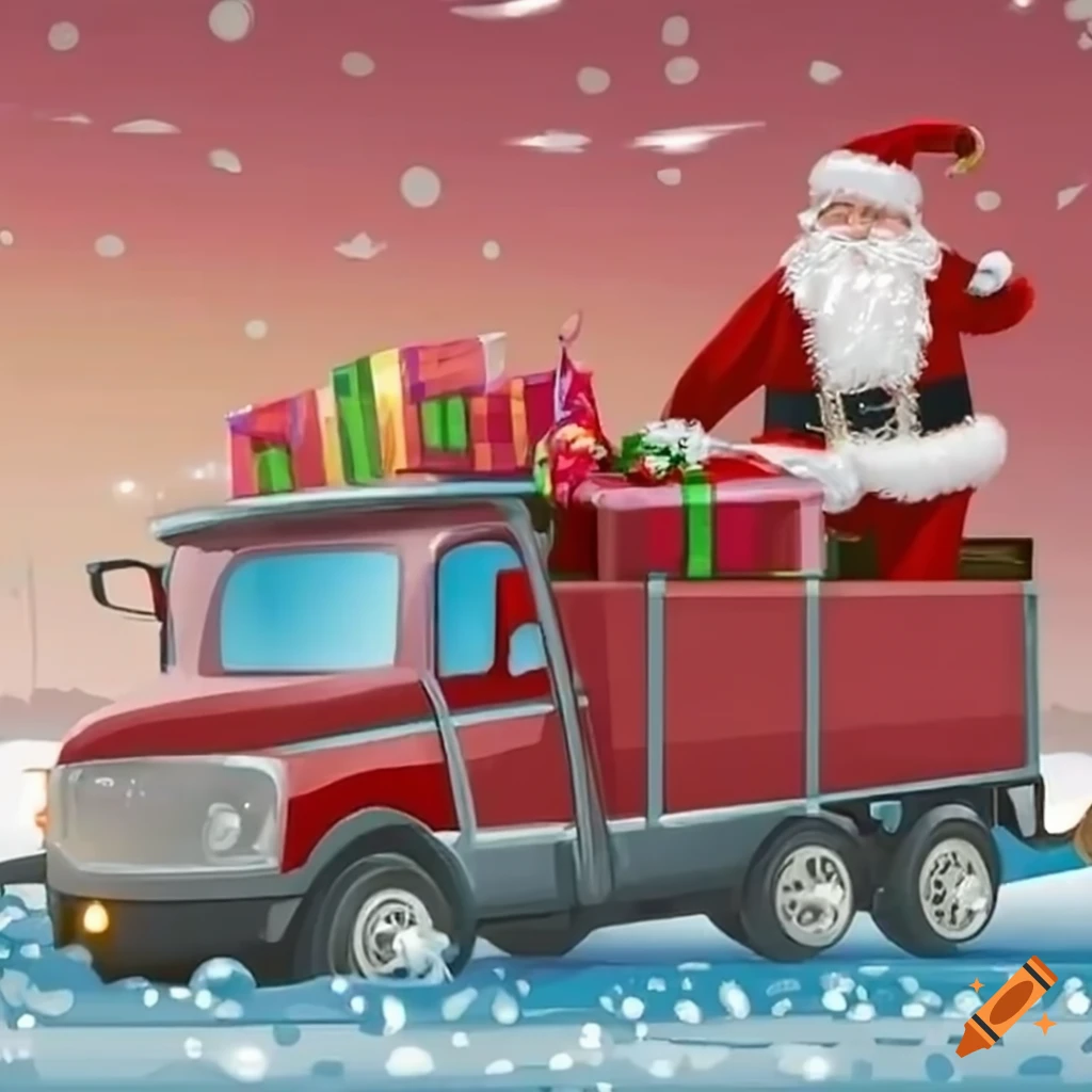 Santa claus driving a gift-filled truck