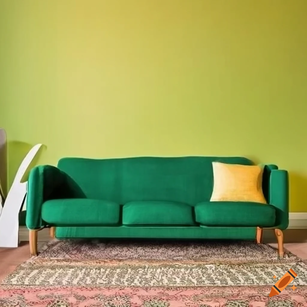 Living room with forest green sofa and mustardcolored armchairs on Craiyon