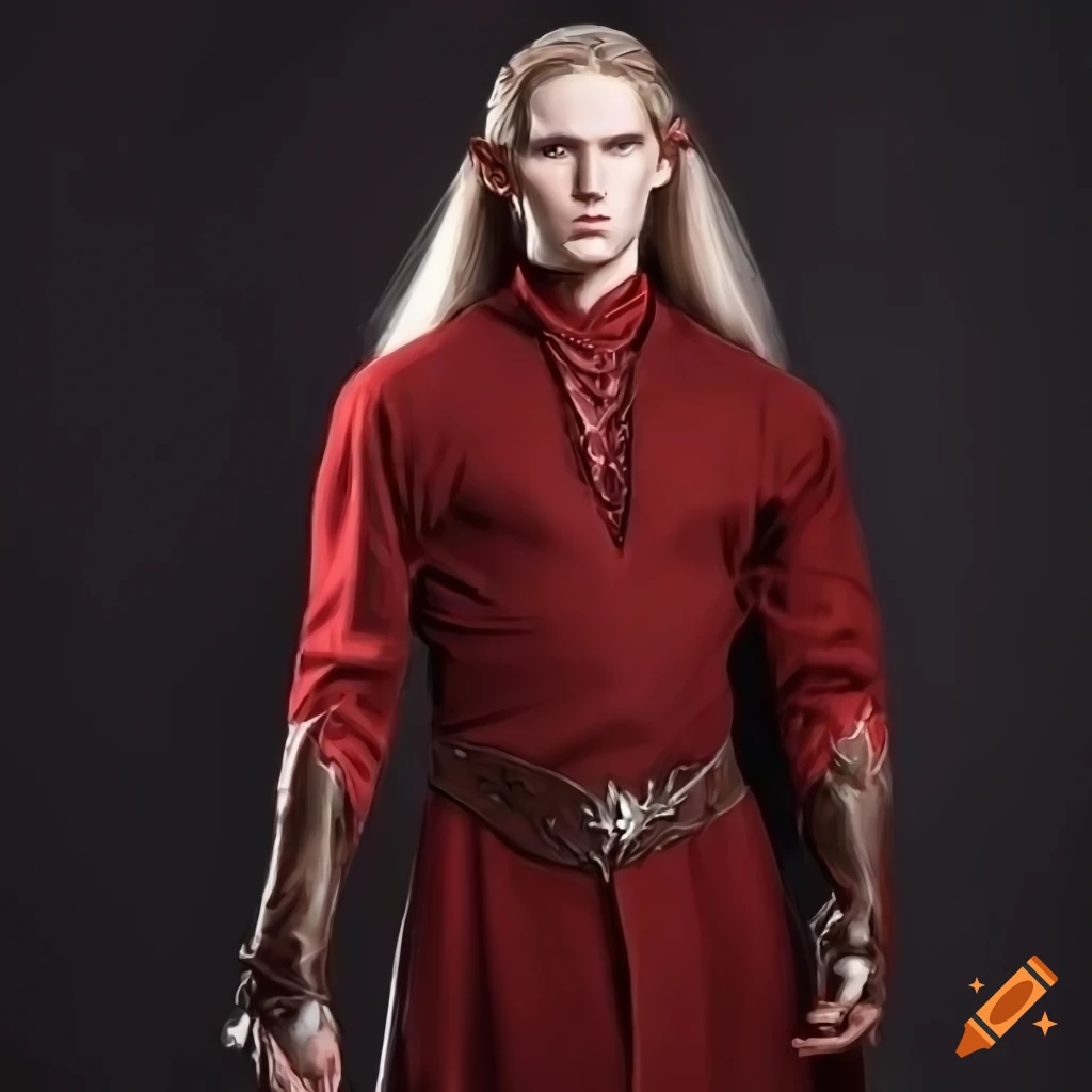 cosplay of a male Tolkien Elf in dark red outfit