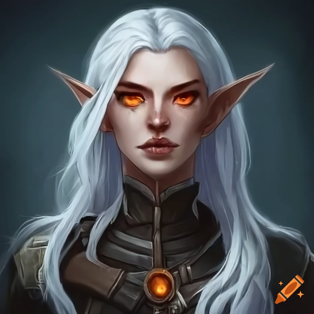 Detailed artwork of an elf rogue with white hair and orange eyes on Craiyon