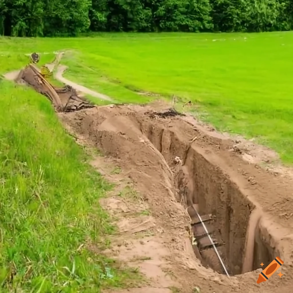 Construction workers digging a trench near a race track on Craiyon