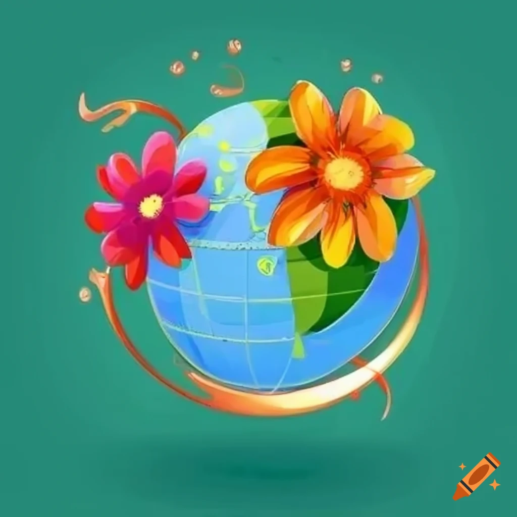 cartoon flowers swirling around a globe