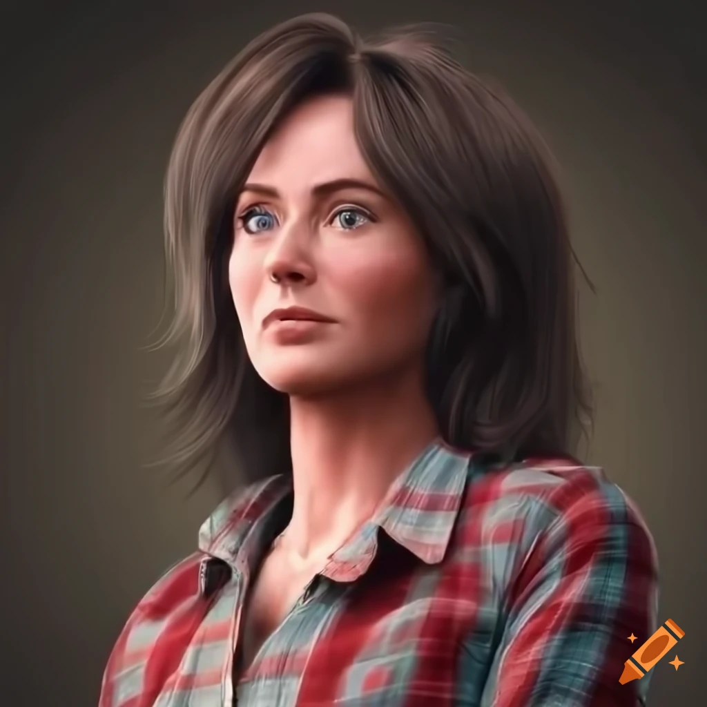 photorealistic image of a young woman in plaid shirt and leather trousers