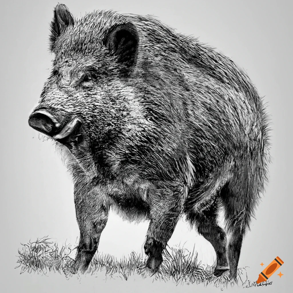 realistic black and white drawing of a wild boar