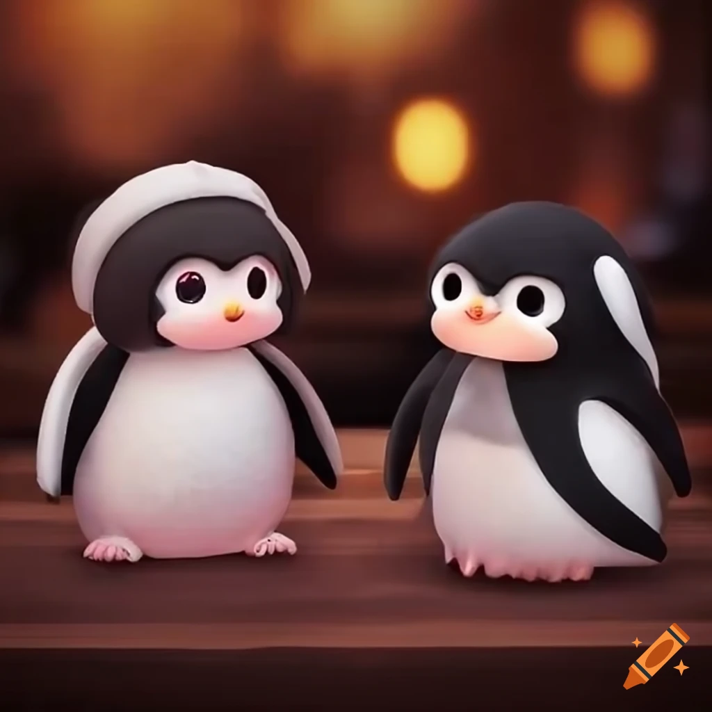 Cute anime girl and penguin at a café on Craiyon