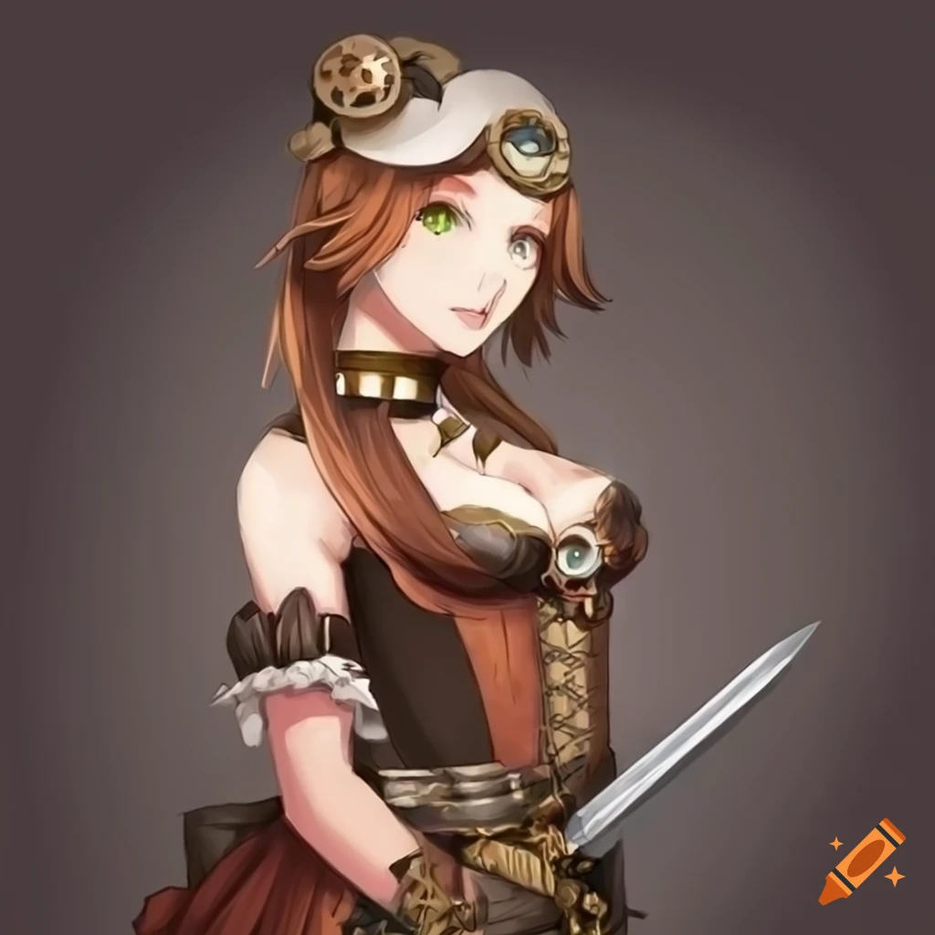 steampunk anime girl with chin length hair holding a sword