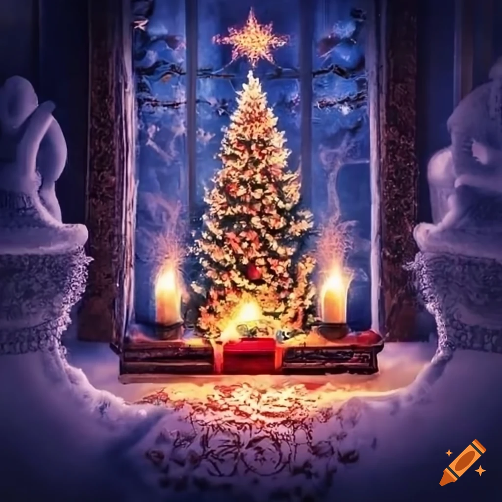 cozy Christmas atmosphere with fireplace and Christmas tree