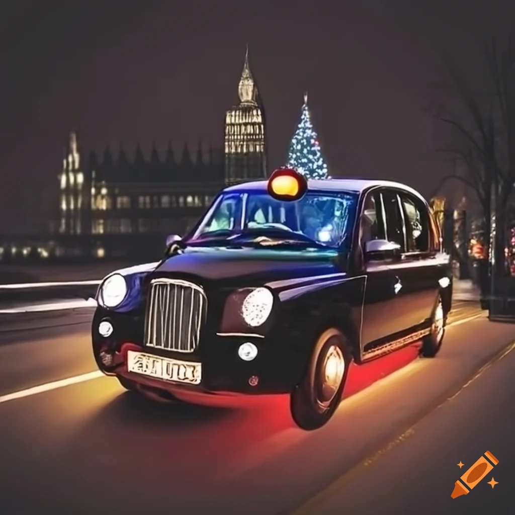 Festive london black taxi with christmas lights on Craiyon