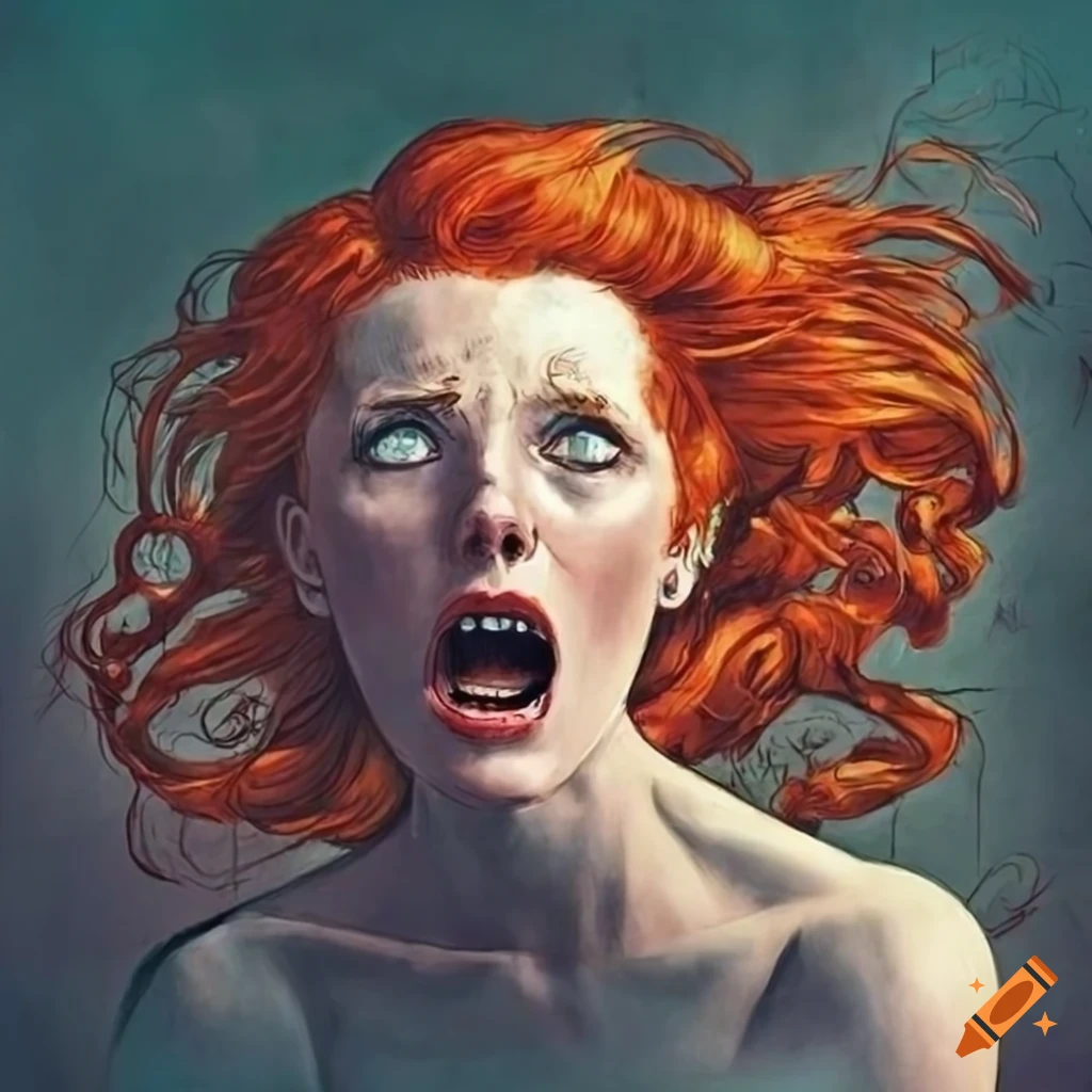 surreal artwork of a redheaded woman in a haunted cemetery