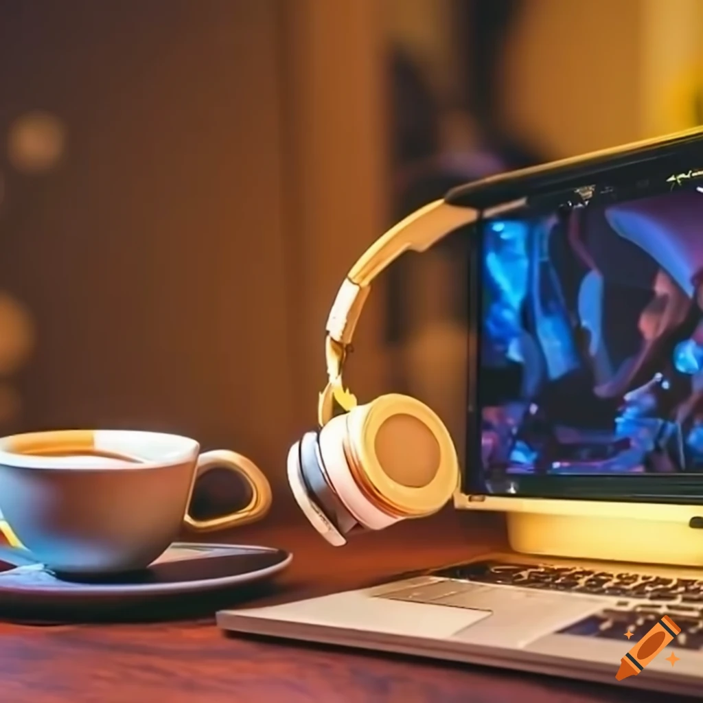 gold headphones on a laptop with coffee