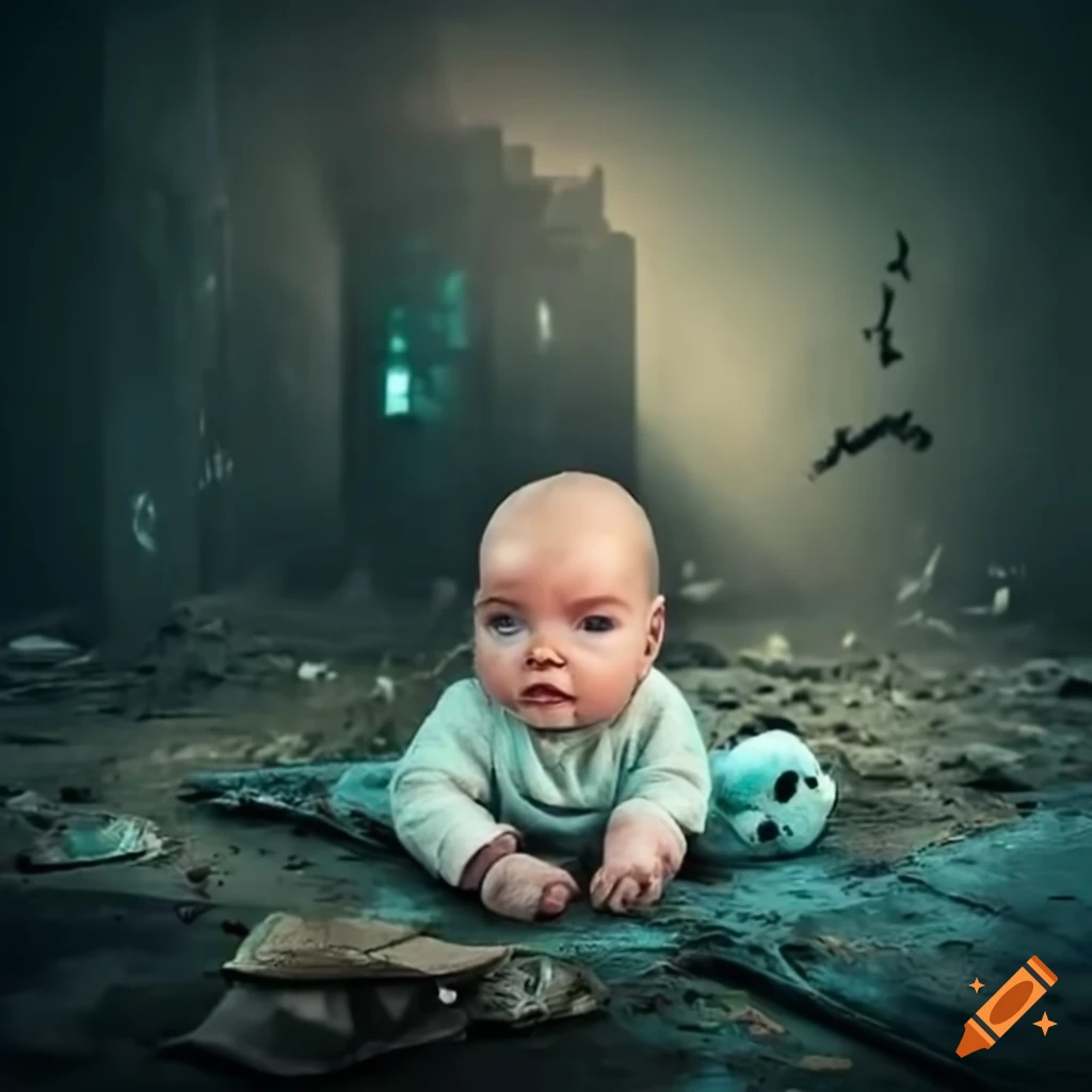 baby in a cot in a post-apocalyptic wasteland