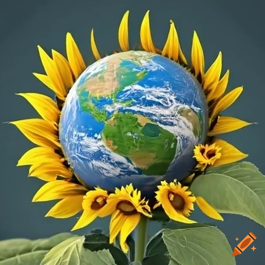 sunflowers giving birth to a colorful earth globe