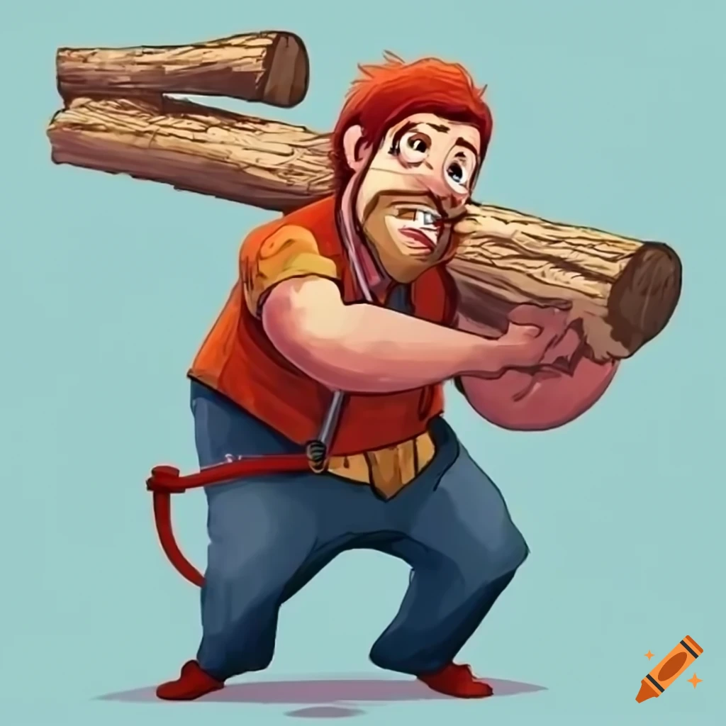 cartoon lumberjack carrying a log with a skip in his step