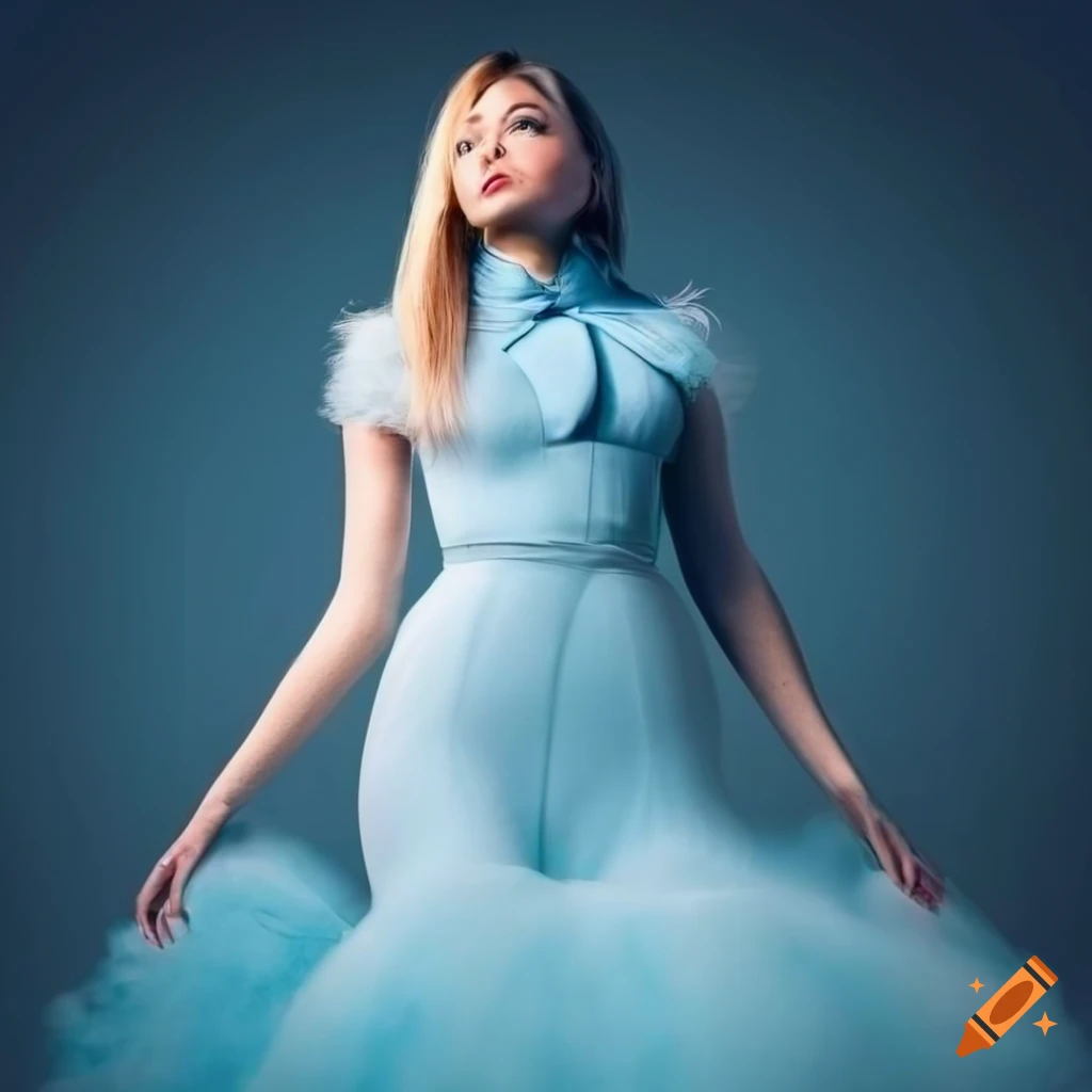 young woman in a pale blue and white long dress
