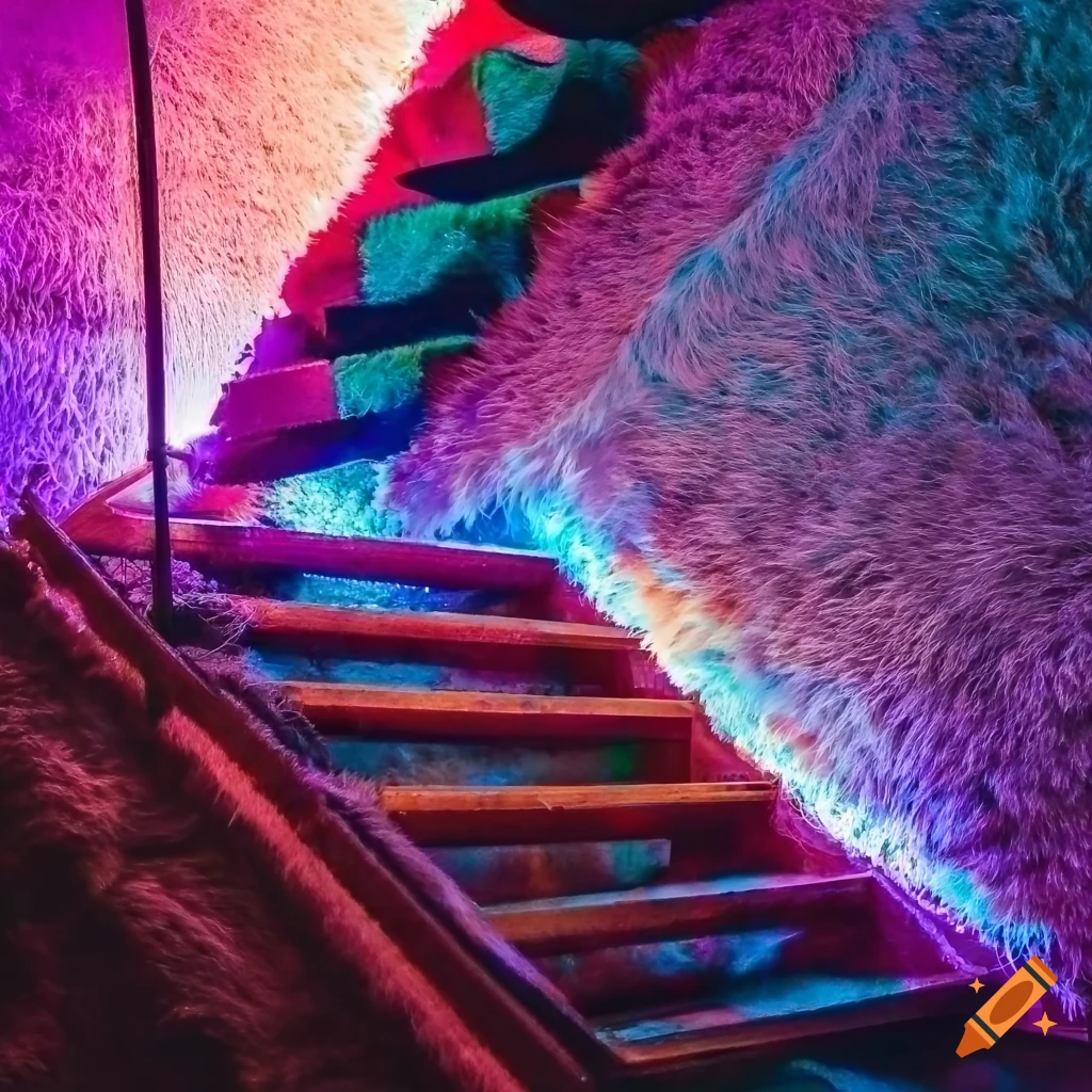 cozy teddy fur covered stairs with colorful lighting