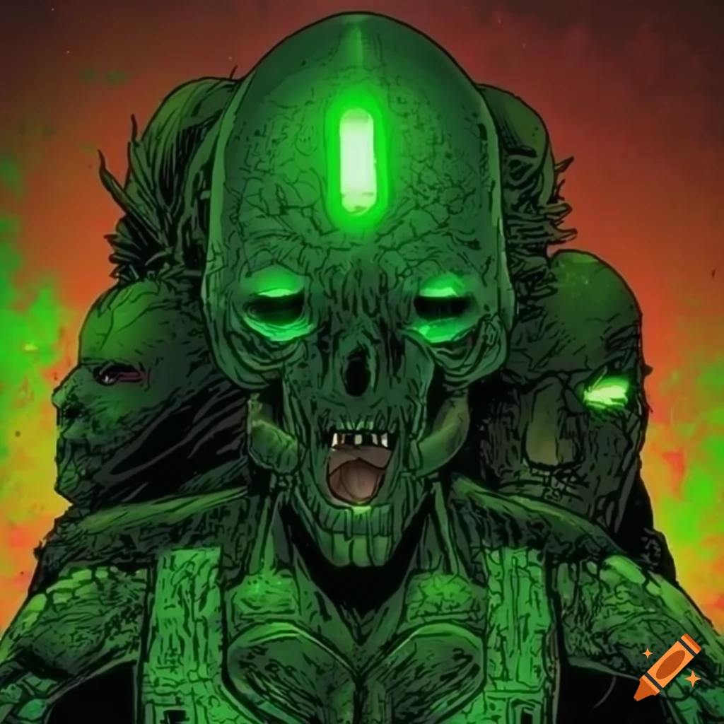 dark green sci-fi comic illustration