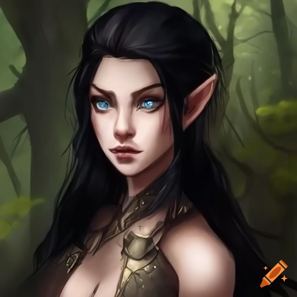 Illustration of a stern wood elf in the forest