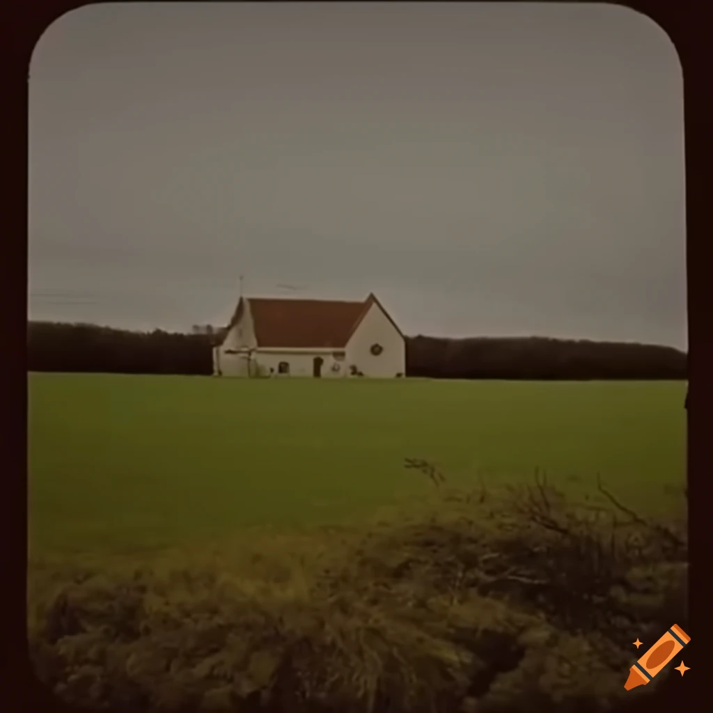vhs-style image of a church in a field