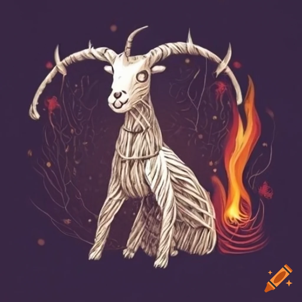 Highly detailed etching of a burning wicker yule goat