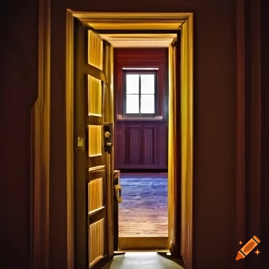 dimly lit hallway door in a house
